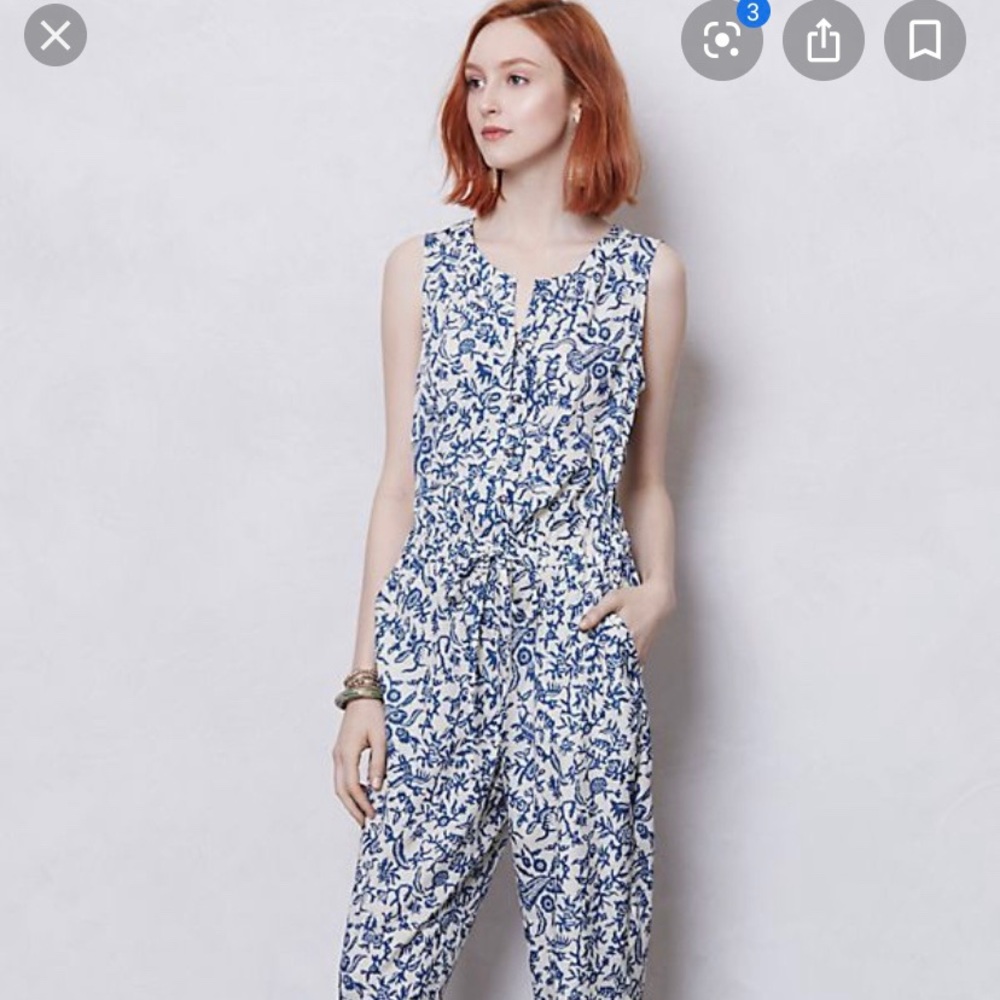 Anthropologie Blue and White Floral Jumpsuit